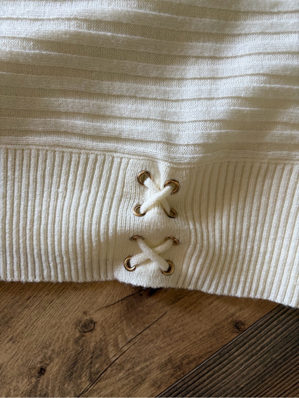 New York & Company Cream Ribbed Boatneck Sweater with Side Lace Detail - Picture 4 of 4